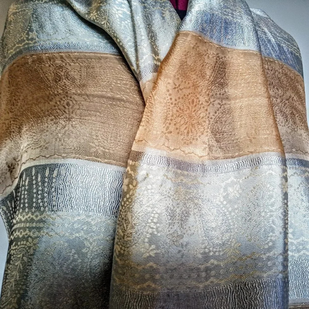 Su Su Oblong Blue & Cinnamon Jacquard Scarf Wrap